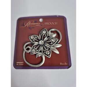 Vintage Silver Tone Flower Brooch Purple Maroon Enamel Petals Clear Rhinestones